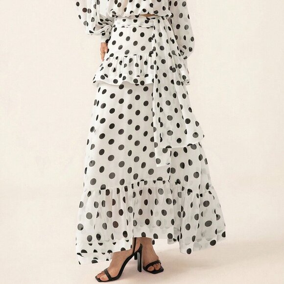 Elegant Women's Polka Dot Bowknot Flare Sleeve Ruffle top & Maxi skirt set - Picture 6 of 7